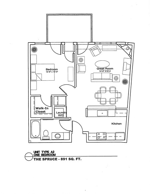 A drawing of a one bedroom apartment with a sprung floor.